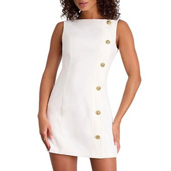 Women's Sleeveless Boat Neck Sheath Dress, Gold Button Detail Form-Fitting Office Mini Dress