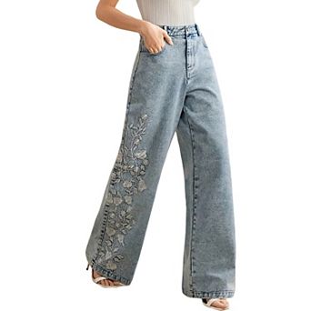 Womens High Waisted Wide Leg Jeans Floral Embroidered Casual Denim Pants