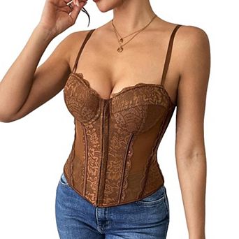 Women's Lace Corset Top, Spaghetti Strap Sheer Mesh Bustier with Boning