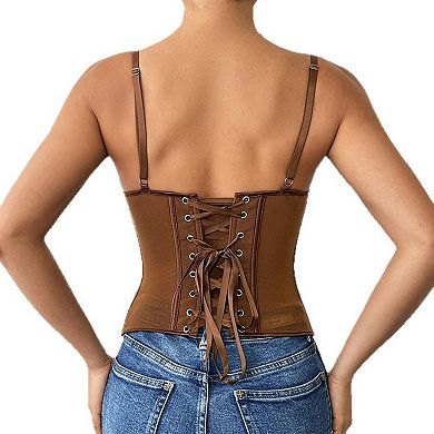 Women's Lace Corset Top, Spaghetti Strap Sheer Mesh Bustier with Boning