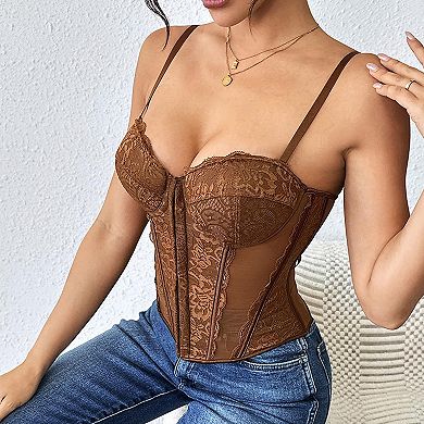 Women's Lace Corset Top, Spaghetti Strap Sheer Mesh Bustier with Boning