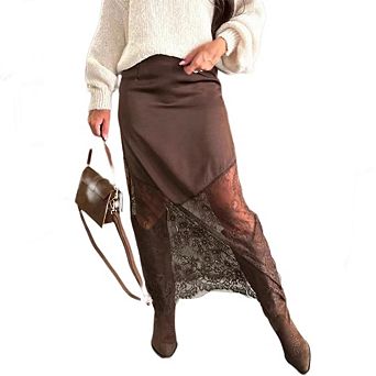 Women's High Waist Lace Patchwork Bodycon Elegant Midi Long Skirt