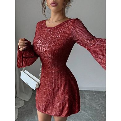 Women's Sequin Flutter Sleeve Sparkly Crew Neck Glitter Cocktail Formal Party Dresses