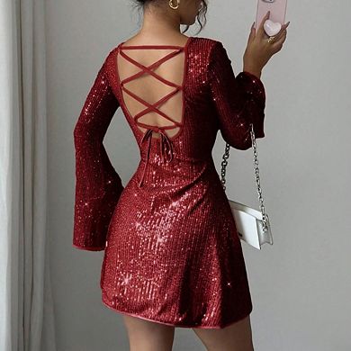 Women's Sequin Flutter Sleeve Sparkly Crew Neck Glitter Cocktail Formal Party Dresses
