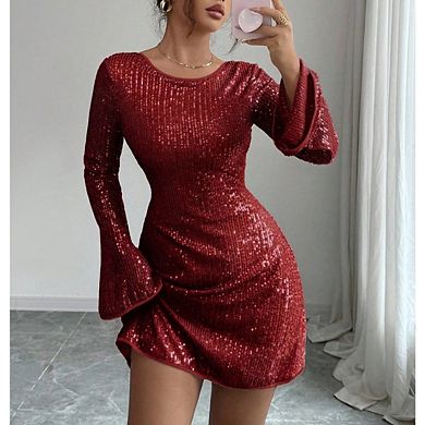 Women's Sequin Flutter Sleeve Sparkly Crew Neck Glitter Cocktail Formal Party Dresses