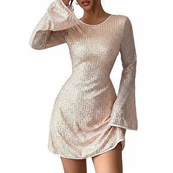 Women's Sequin Flutter Sleeve Sparkly Crew Neck Glitter Cocktail Formal Party Dresses