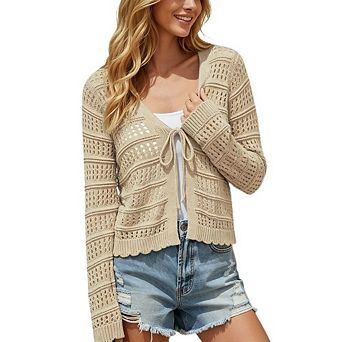 Women's Crochet Knit Tie Front Cardigan Long Sleeve Openwork Lightweight Cover Up