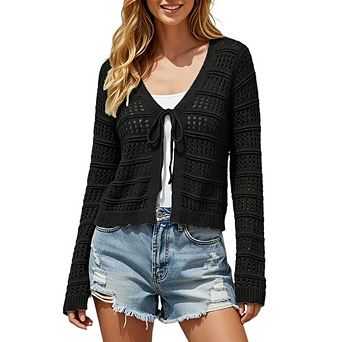 Women's Crochet Knit Tie Front Cardigan Long Sleeve Openwork Lightweight Cover Up