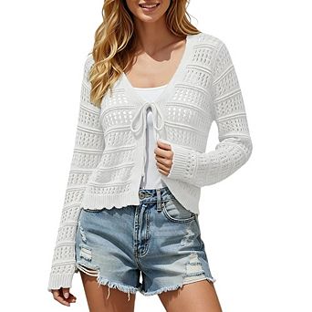 Women's Crochet Knit Tie Front Cardigan Long Sleeve Openwork Lightweight Cover Up