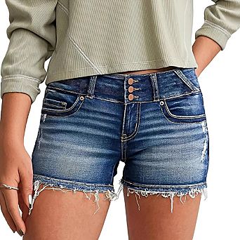 Women's Mid-Rise Triple Button Denim Shorts Distressed Frayed Hem Stretchy Summer Jean Shorts
