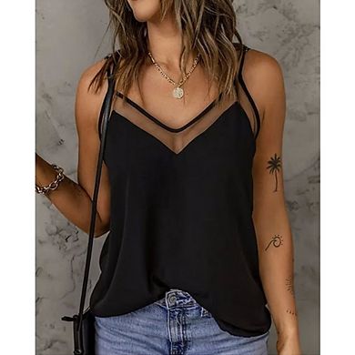 Women's V Neck Mesh Cami Top Dressy Casual Spaghetti Strap Sleeveless Blouse for Work