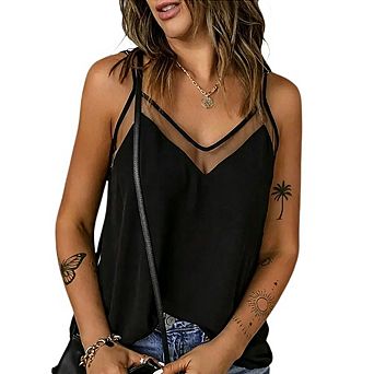 Women's V Neck Mesh Cami Top Dressy Casual Spaghetti Strap Sleeveless Blouse for Work