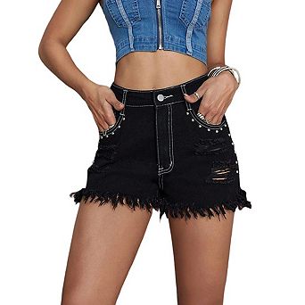 Women's High Waisted Studded Distressed Denim Shorts Frayed Hem Ripped Casual Jean Shorts