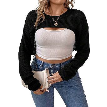 KOJOOIN Long Sleeves Super Cropped Knit Sweater Cut Out Casual Top