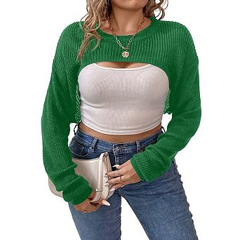 KOJOOIN Long Sleeves Super Cropped Knit Sweater Cut Out Casual Top