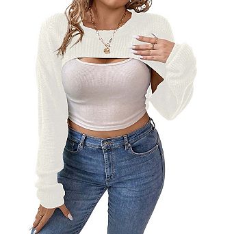 KOJOOIN Long Sleeves Super Cropped Knit Sweater Cut Out Casual Top