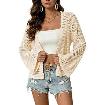 Women's Open Front Crochet Knit Cardigan Long Bell Sleeve Scalloped Lightweight Cover Up