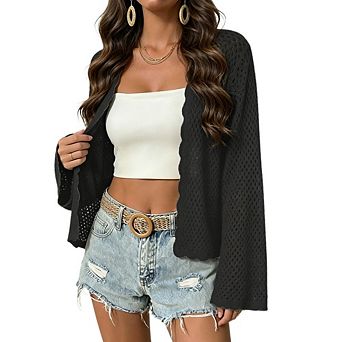 Women's Open Front Crochet Knit Cardigan Long Bell Sleeve Scalloped Lightweight Cover Up