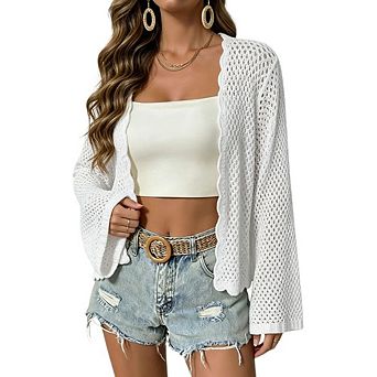Women's Open Front Crochet Knit Cardigan Long Bell Sleeve Scalloped Lightweight Cover Up