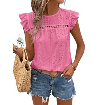 Women Lace Eyelet Hollow Out Embroidery Ruffle Short Sleeve Shirt Summer Casual Crew Neck Top Blouse