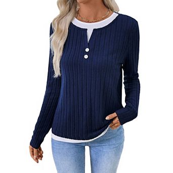 Women's Ribbed Knit Crew Neck Long Sleeve Shirt Slim Fit Summer Casual Top