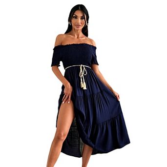 Women's Off Shoulder Short Sleeve Tiered Midi Dress with Smocked Bodice and Tassel Belt