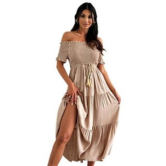 Women's Off-Shoulder Short Sleeve Smocked Midi Dress with Tassel Waist Tie