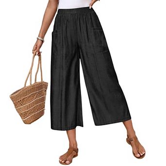 Women's Elastic Waist Wide Leg Straight Cropped Pants Summer Casual Loose Fit Trousers With Pockets