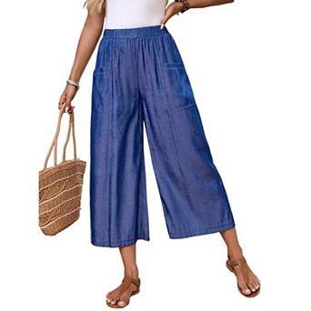 Women's Elastic Waist Wide Leg Straight Cropped Pants Summer Casual Loose Fit Trousers With Pockets