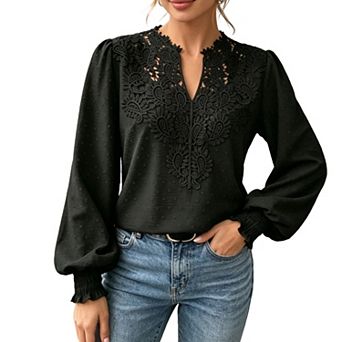 Women Lace Trim V-Neck Blouse Puff Sleeve Swiss Dot Long Sleeve Top