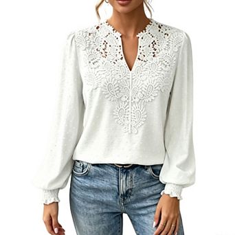 Women Lace Trim V-Neck Blouse Puff Sleeve Swiss Dot Long Sleeve Top