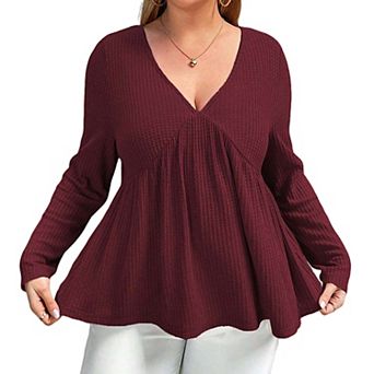 Women Plus Size Waffle Knit Babydoll Tops V Neck Long Sleeve Casual Blouses