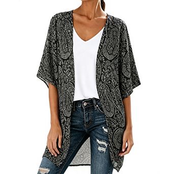 Women Paisley Print Kimono Open Front Short Sleeve Cardigan Cover Up