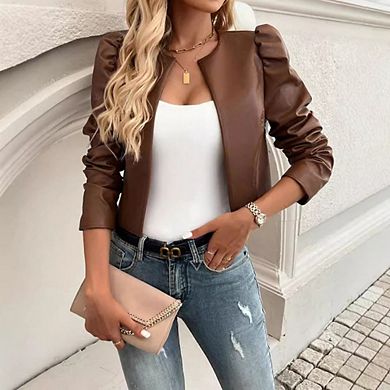 Women Faux Leather Cropped Jacket Long Sleeve PU Jacket Coat
