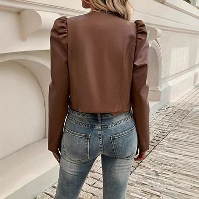 Women Faux Leather Cropped Jacket Long Sleeve PU Jacket Coat