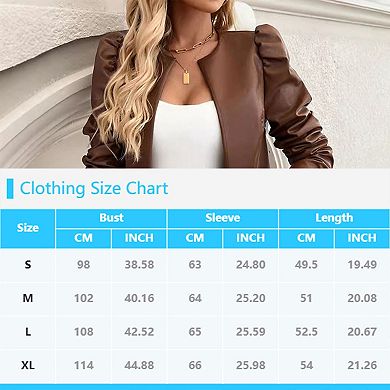 Women Faux Leather Cropped Jacket Long Sleeve PU Jacket Coat