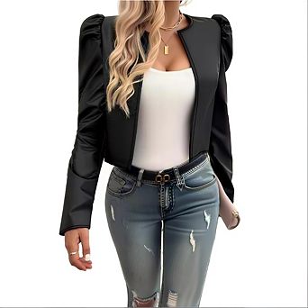 Women Faux Leather Cropped Jacket Long Sleeve PU Jacket Coat