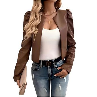 Women Faux Leather Cropped Jacket Long Sleeve PU Jacket Coat