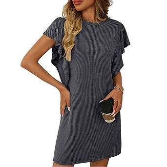 Women's Casual T shirt Round Neck, Ruffle Sleeves Mini Loose Striped Dress