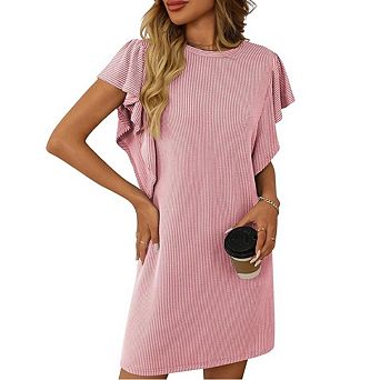 Women's Casual T shirt Round Neck, Ruffle Sleeves Mini Loose Striped Dress