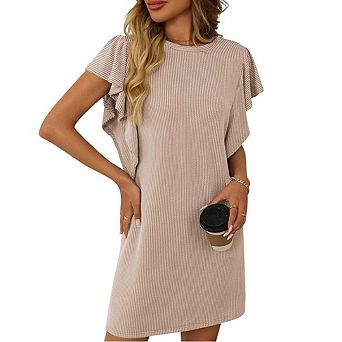 Women's Casual T shirt Round Neck, Ruffle Sleeves Mini Loose Striped Dress