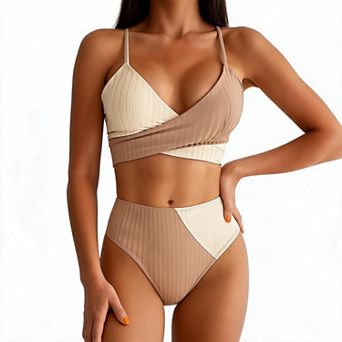 Bikini Sets for Womens Ribbed Wrap High Waisted Two Piece Swimsuit Color Block Tie Bathing Suit