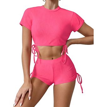 Womens Ribbed Short Sleeve Two Piece Swimsuit Drawstring Crop Top High Waisted Bottoms Bathing Suit