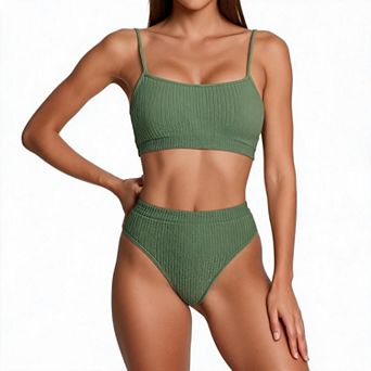 Ribbed Bikini Set for Women High Waisted Swimsuit Holiday Beachwear Two Piece Bathing Suit