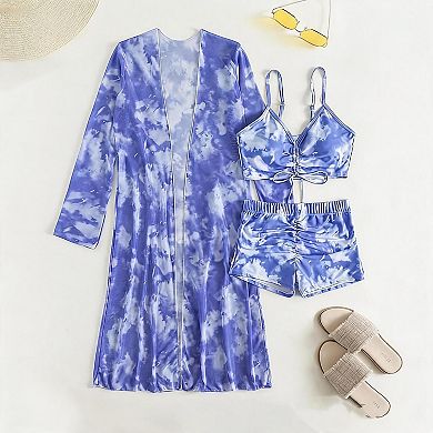Bikini Sets for Women 3 Piece Bathing Suit With Cover Ups Drawstring Bikini Top Ruched Shorts