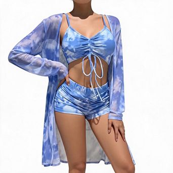 Bikini Sets for Women 3 pc Bathing Suit With Cover Ups Drawstring Bikini Top Ruched Shorts