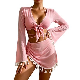 Womens 4 pc Swimsuit with Cover Ups Tie Front Kimono Wrap Skirt Halter Bikini Set for Beach