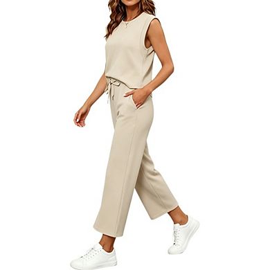 Women's 2 Pieces Loungewear Set Sleeveless Tank Top Tie Front Wide Leg Pants