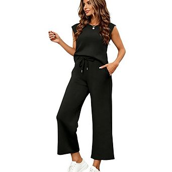 Women's 2 pc Loungewear Set Sleeveless Tank Top Tie Front Wide Leg Pants