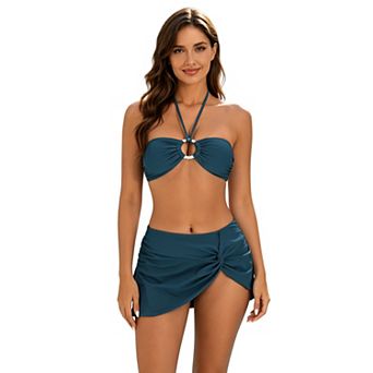 Womens Halter Bandeau Skirted Bikini Set Lace Up Back Two Piece Swimsuit Side Ruched Bottom